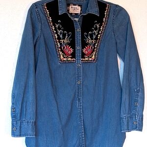 Anthropologie Embroidered Denim Shirt with Floral Design